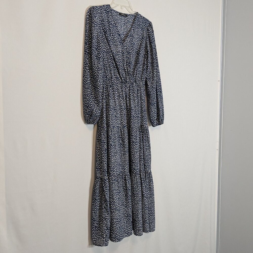 FASHION, Blue/White Spots, V-Neck Ruffle Tiered Boho Peasant Midi Dress; Size S